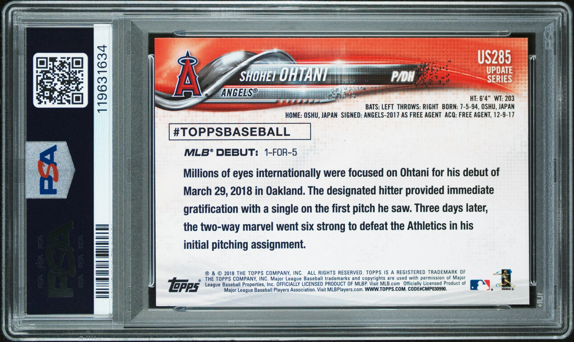 2018 Topps Update Series Shohei Ohtani #US285 RC Rookie PSA 9