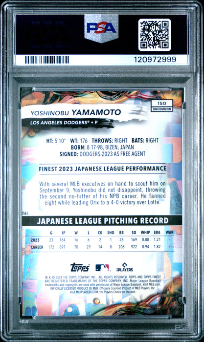 2024 Topps Finest Yoshinobu Yamamoto #150 Blue Checkered Refractor RC Rookie /75 PSA 10