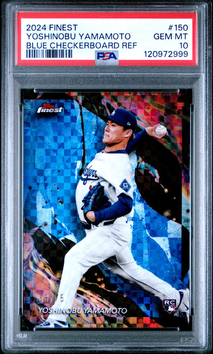 2024 Topps Finest Yoshinobu Yamamoto #150 Blue Checkered Refractor RC Rookie /75 PSA 10
