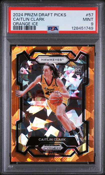 2024 Panini Prizm Draft Picks Caitlin Clark #57 Orange Ice RC Rookie PSA 9