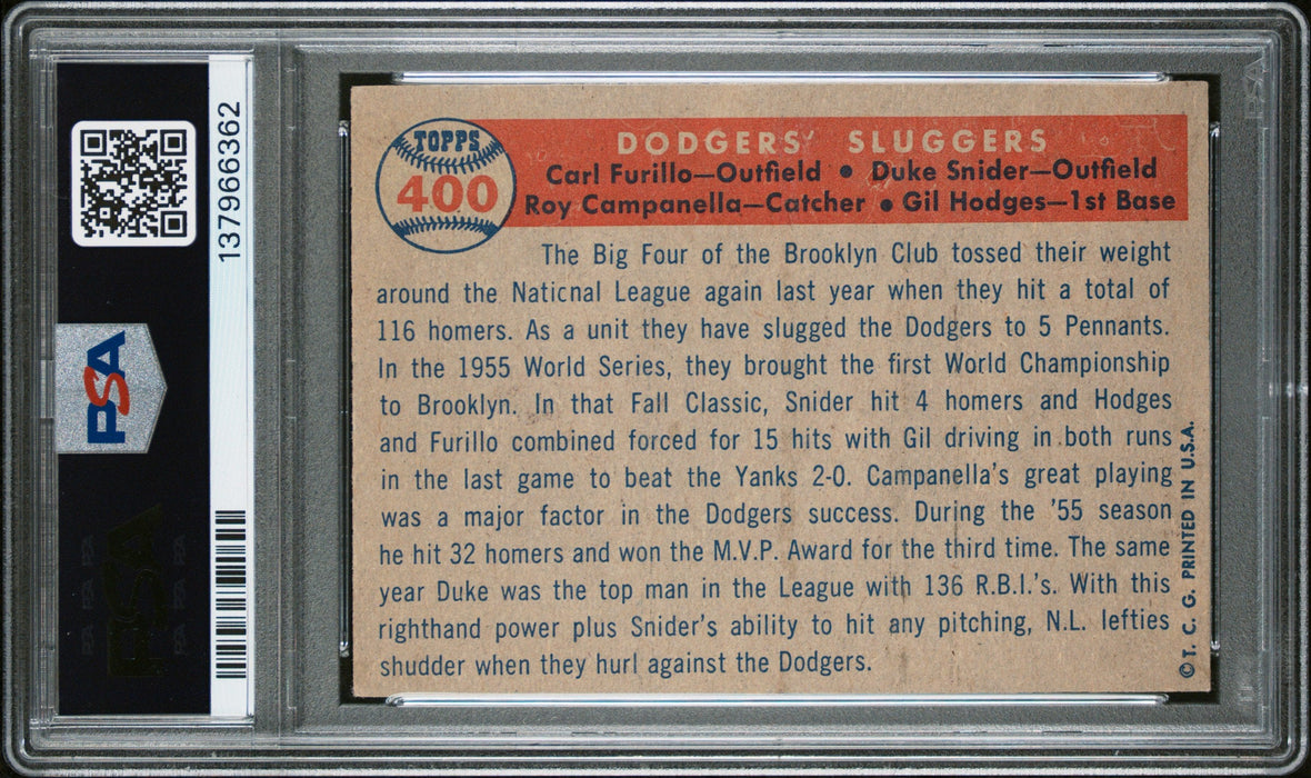 1957 Topps Furillo/Hodges/Camp/Snider #400 Dodgers' Sluggers PSA 4