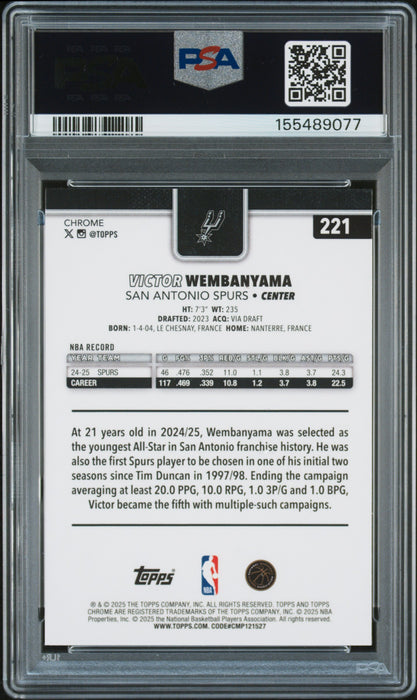 2025 Topps Chrome Victor Wembanyama #221 Basketball Refractor PSA 10