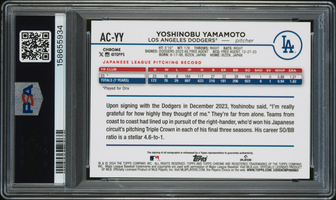 2024 Topps Chrome Update Yoshinobu Yamamoto #ACYY Aqua Wave Auto RC /199 PSA 10
