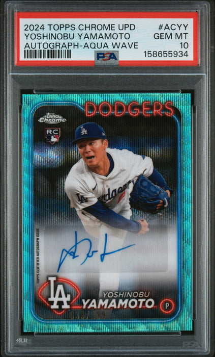 2024 Topps Chrome Update Yoshinobu Yamamoto #ACYY Aqua Wave Auto RC /199 PSA 10