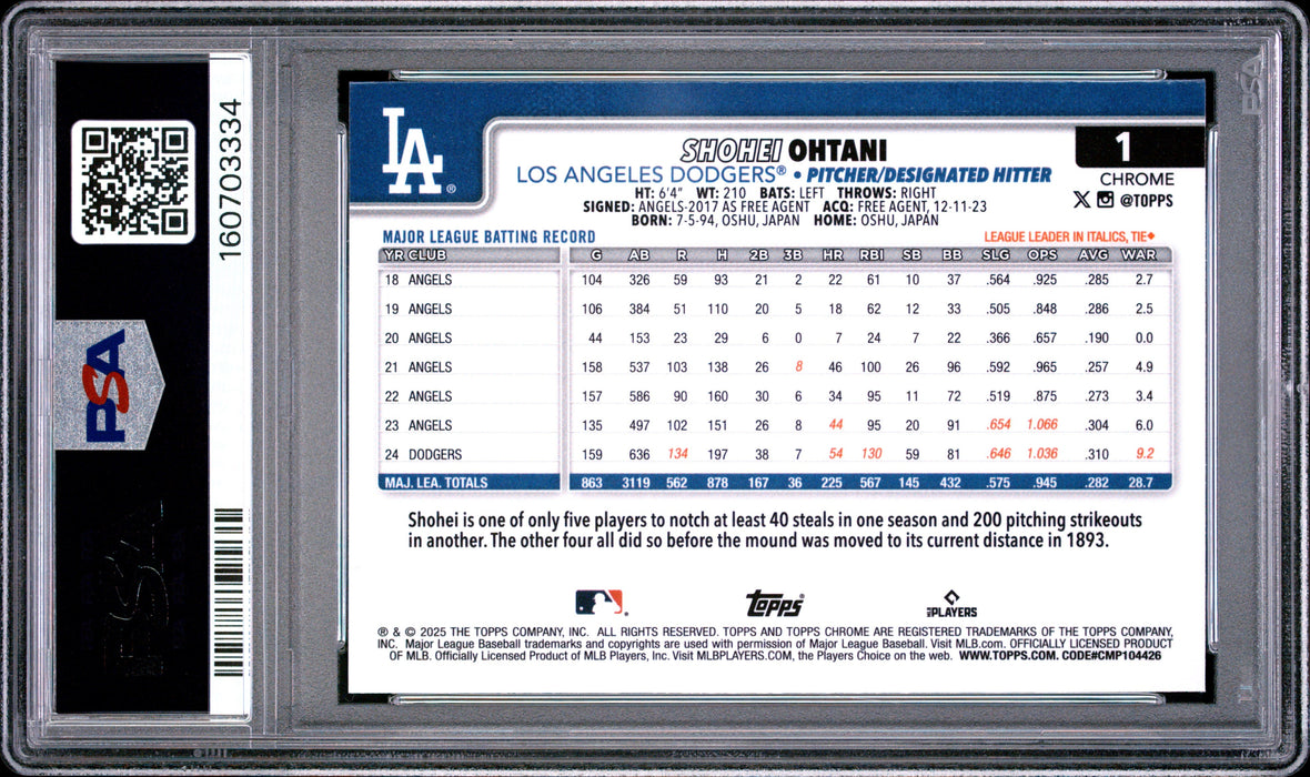 2025 Topps Chrome Shohei Ohtani #1 Prism Refractor PSA 10 B