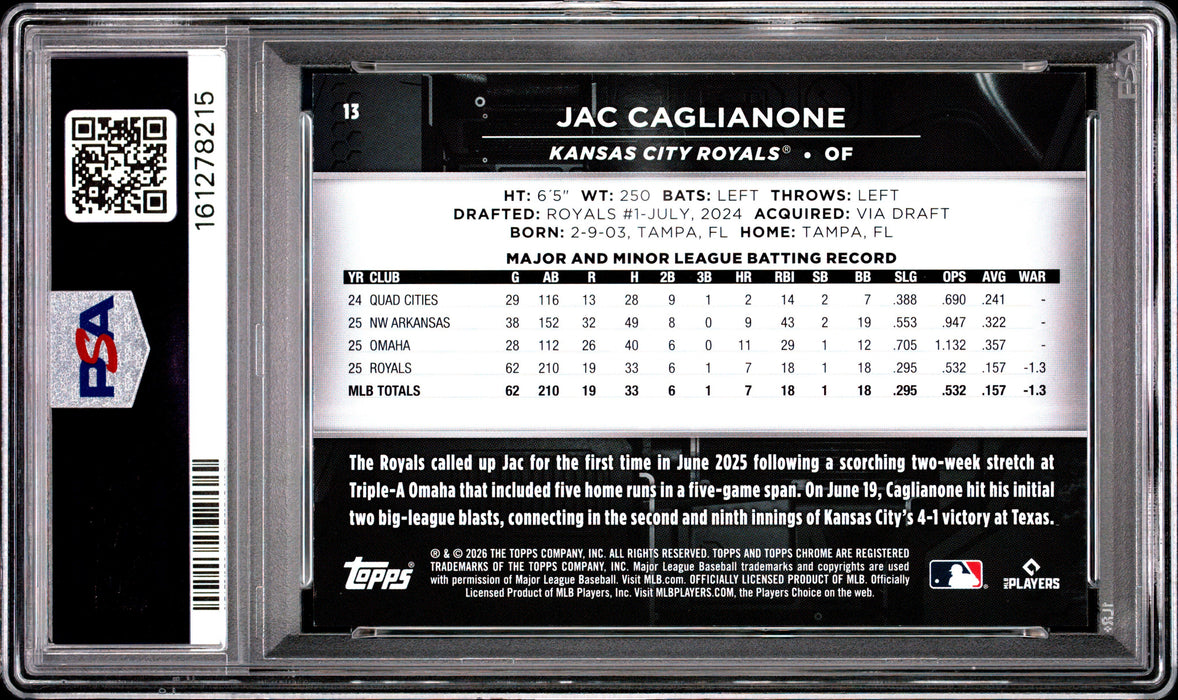 2026 Topps Chrome Black Jac Caglianone #13 Green Refractor RC Rookie /99 PSA 9