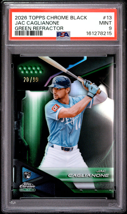 2026 Topps Chrome Black Jac Caglianone #13 Green Refractor RC Rookie /99 PSA 9
