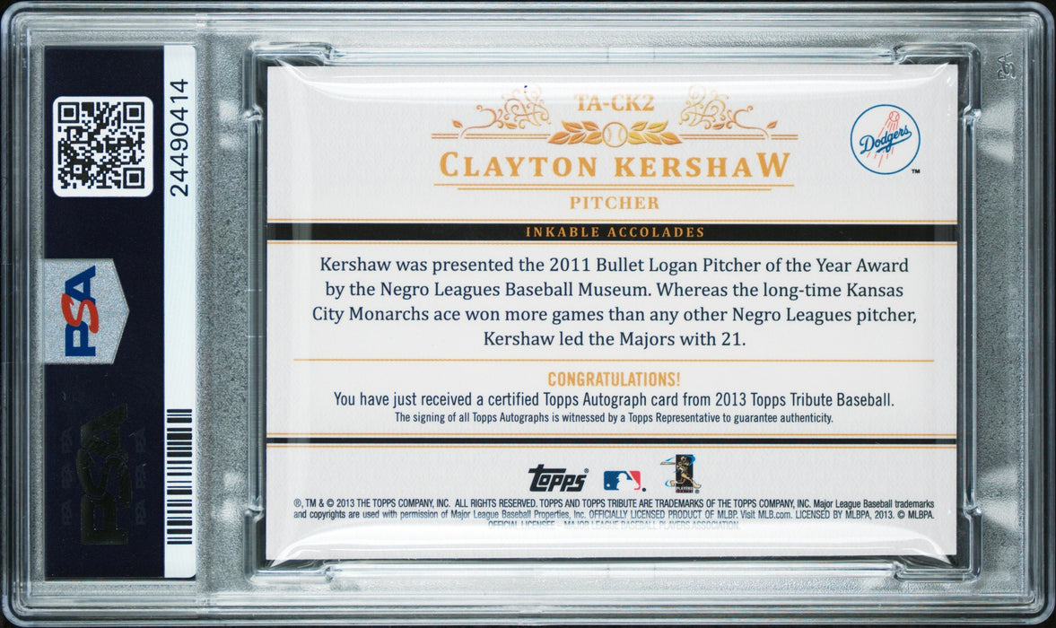 2013 Topps Tribute Clayton Kershaw #TA-CK2 Autograph /99 PSA 10