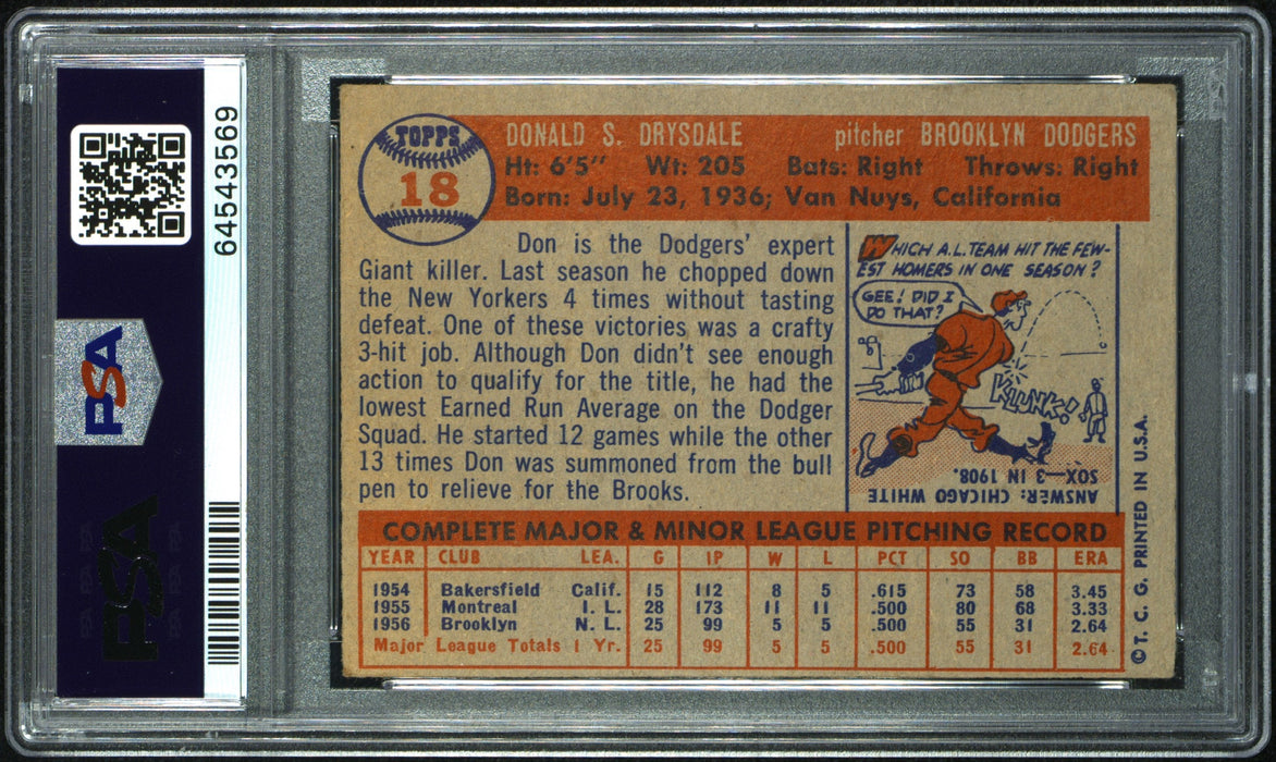 1957 Topps Don Drysdale #18 RC Rookie PSA 5