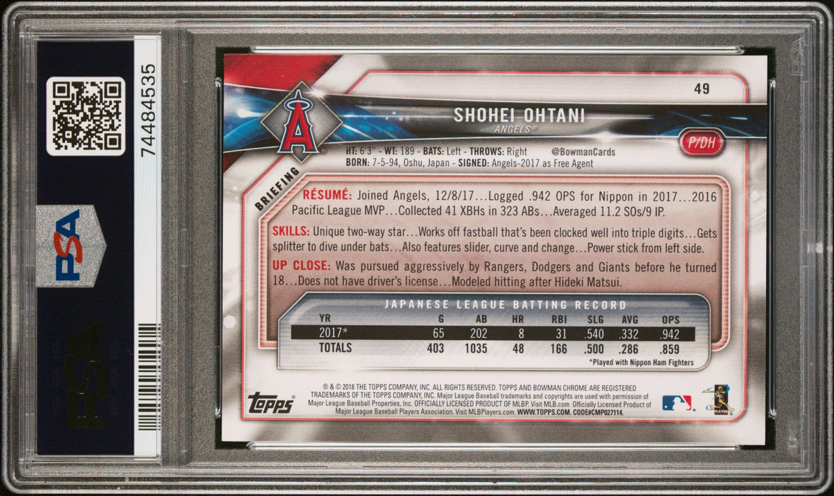2018 Bowman Shohei Ohtani #49 RC Rookie PSA 10