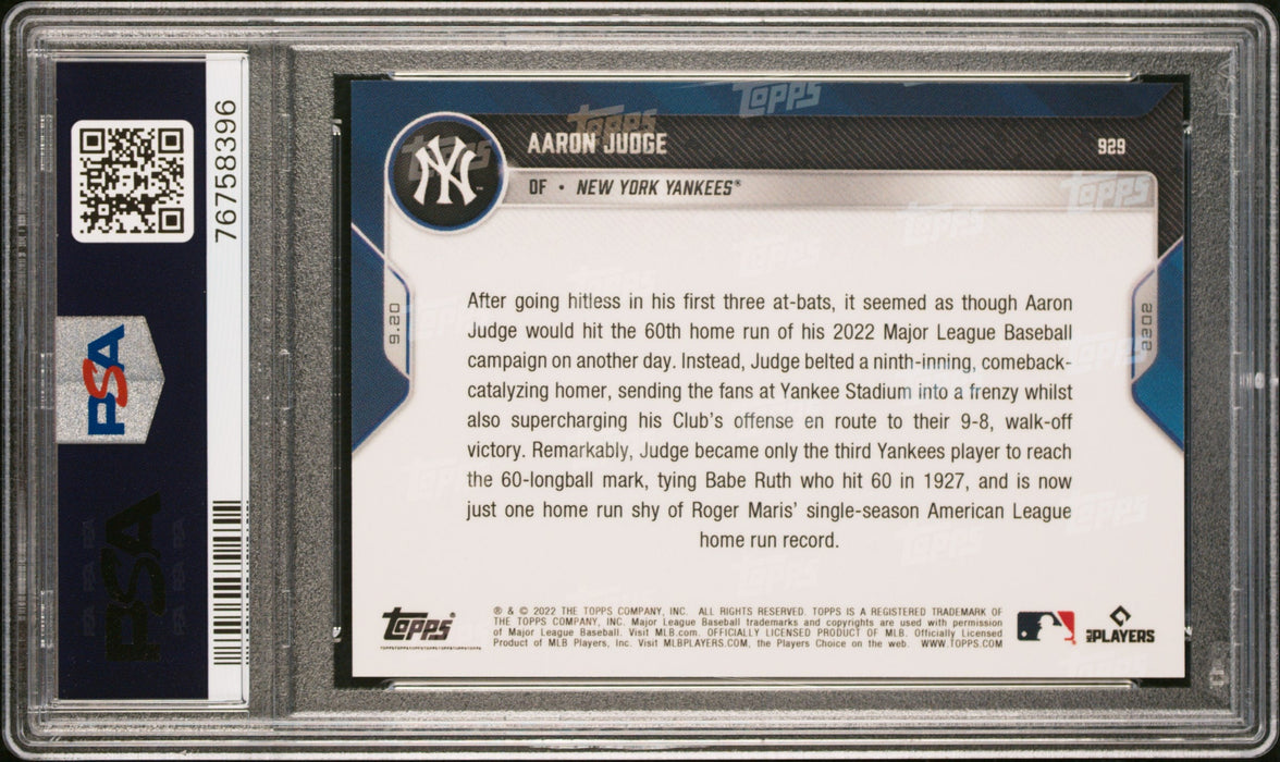 2022 Topps Now Aaron Judge #929 PSA 10 Gem Mint