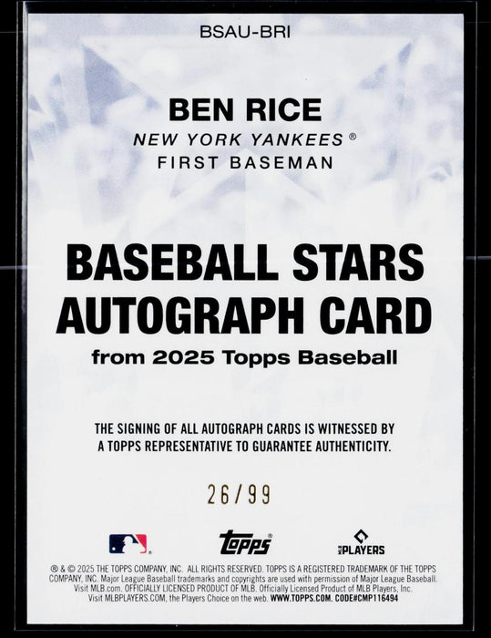 2025 Topps Update Ben Rice #BSAU-BRI Baseball Stars Autographs AU
