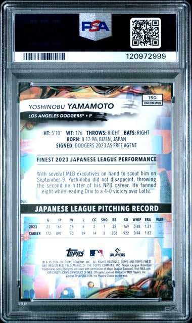 2024 Topps Finest Yoshinobu Yamamoto RC Blue Checkerboard Refractor /75 PSA 10