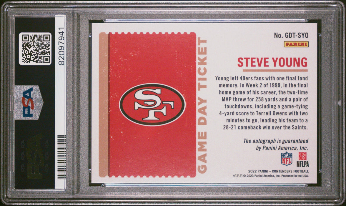 2022 Contenders Steve Young #GDTSYO Game Day Ticket Auto /25 PSA 9
