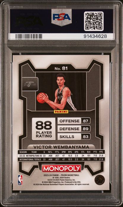 2023-24 Panini Prizm Monopoly Victor Wembanyama #81 RC Rookie PSA 10 A