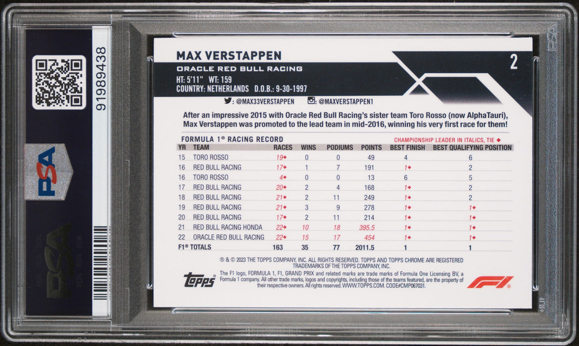 2023 Topps Chrome F1 Max Verstappen #2 Fuchsia Lava /250 PSA 9