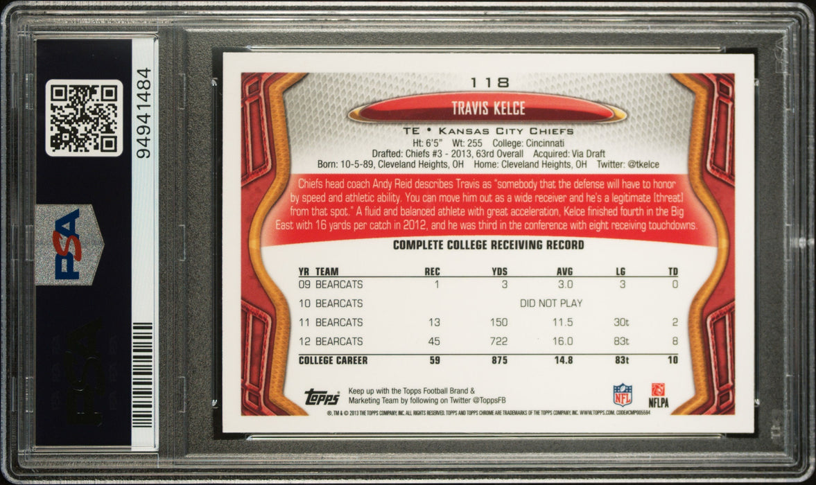 2013 Topps Chrome Travis Kelce #118 RC Rookie PSA 10