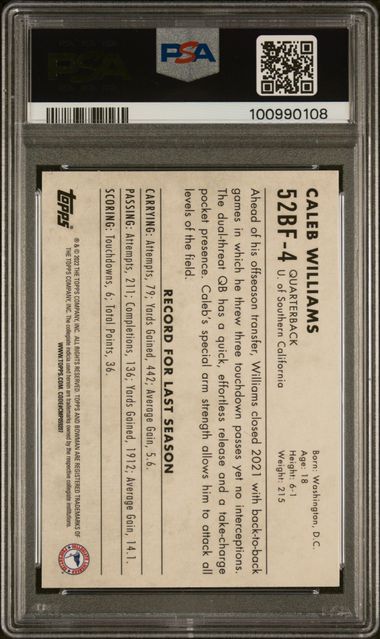 2022 Bowman University Caleb Williams #52BF4 1952 Auto PSA/DNA Cert 10