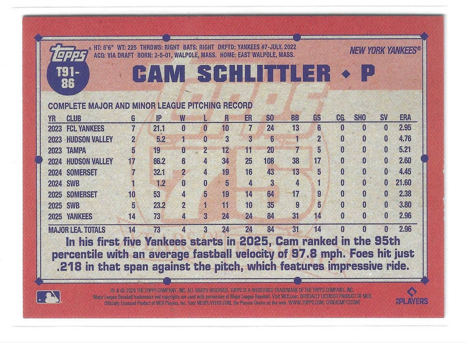 2026 Topps Cam Schlittler #T91-86 Green Crackle Foil RC Rookie /99 SP