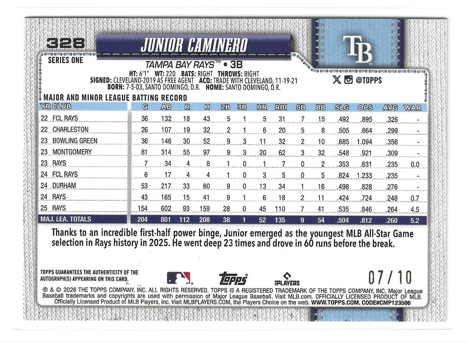 2026 Topps Junior Caminero #328 Black Foil Auto /10 SSP