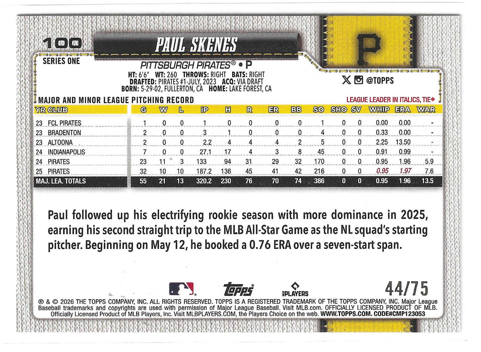 2026 Topps Paul Skenes #100 Logo Foil /75 SP