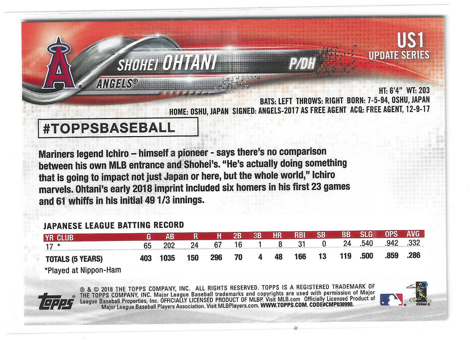 2018 Topps Update Shohei Ohtani #US1 RC Rookie