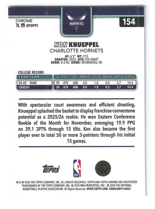 2025-26 Topps Chrome Update Kon Knueppel #154 Prism Refractor RC Rookie