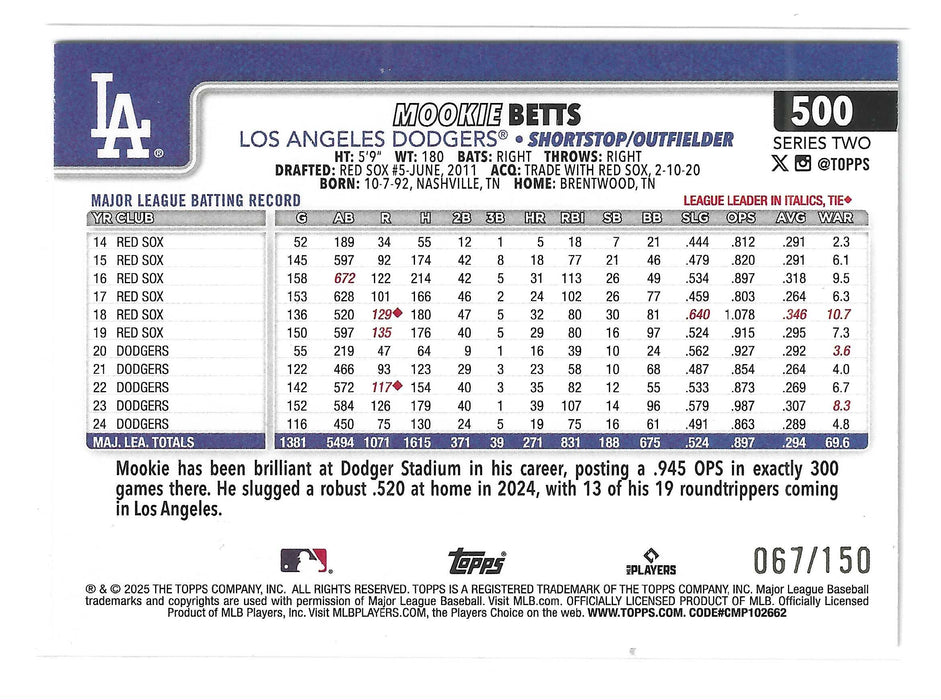 2025 Topps Mookie Betts #500 Blue Foil /150 COLOR MATCH SP