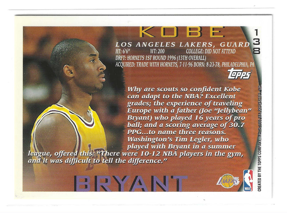 1996 Topps Kobe Bryant #138 RC Rookie L