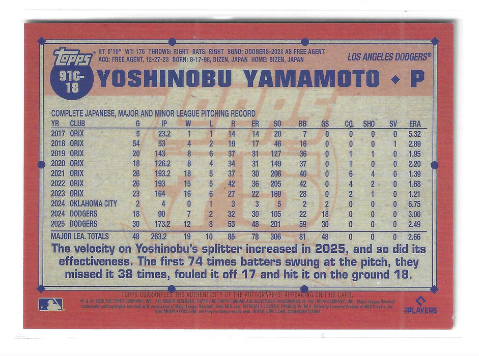 2026 Topps Yoshinobu Yamamoto #91C-18 Chrome 1991 Mojo Refractor Auto /50 SSP