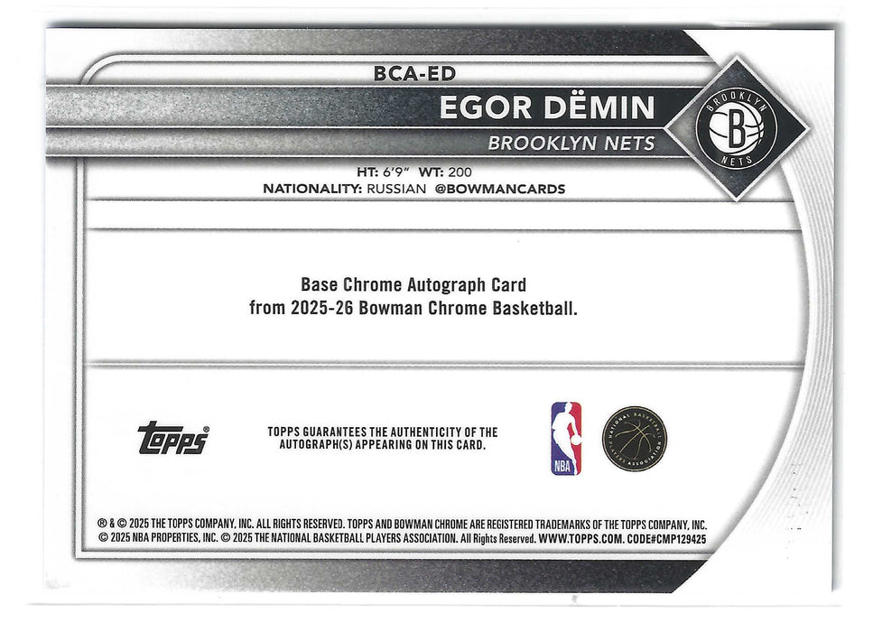 2025-26 Bowman Chrome Egor Demin #BCA-ED True Blue Refractor Rookie Auto RC /150