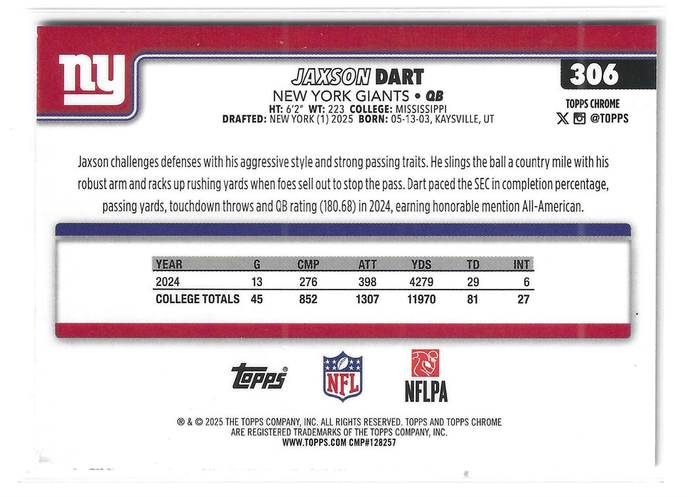 2025 Topps Chrome Jaxson Dart #306 Football Leather Refractor RC Rookie