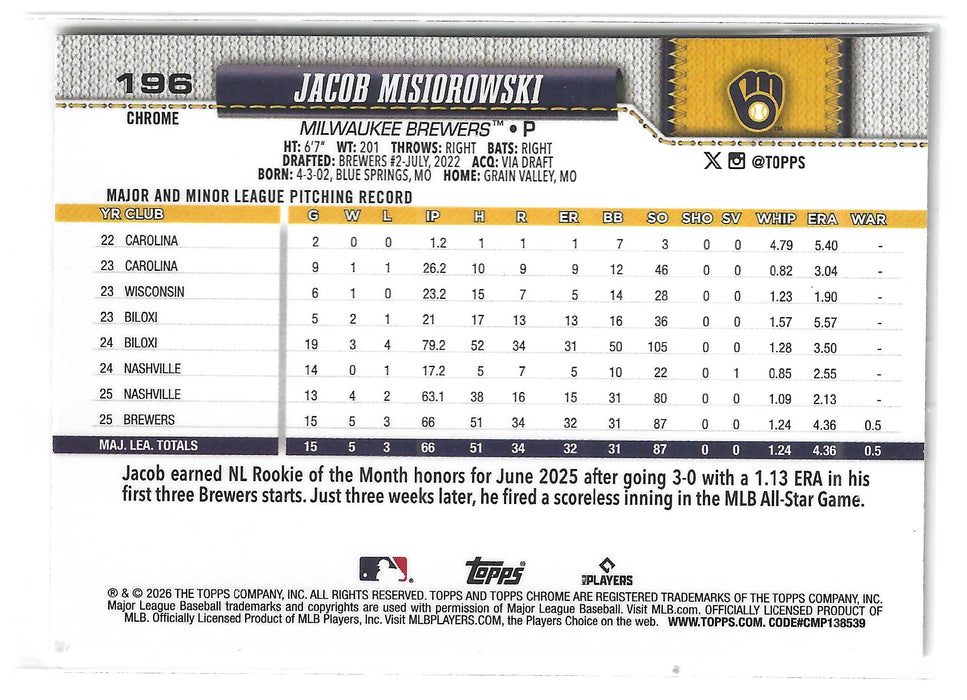 2026 Topps Chrome Jacob Misiorowski #196 Geometric Refractor RC Rookie