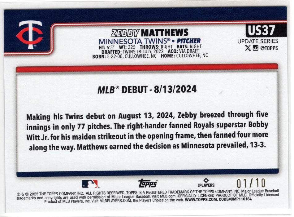 2025 Topps Update Series Zebby Matthews Black Foil #US37 RC