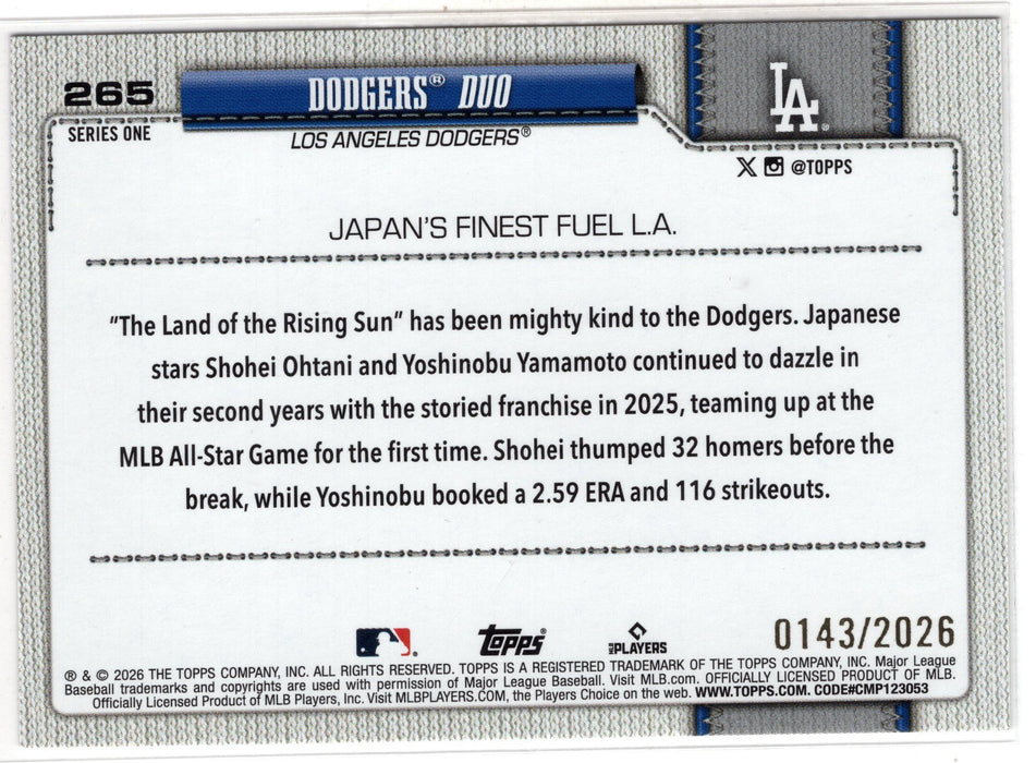 2026 Topps Series One Dodgers Duo Shohei Ohtani Yoshinobu Yamamoto Gold #265 /2026