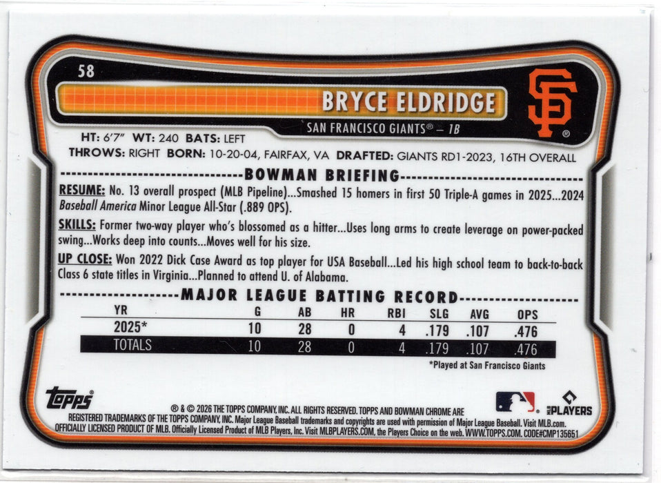 2026 Bowman Chrome Bryce Eldridge Blue Mojo Refractor #58 RC /499