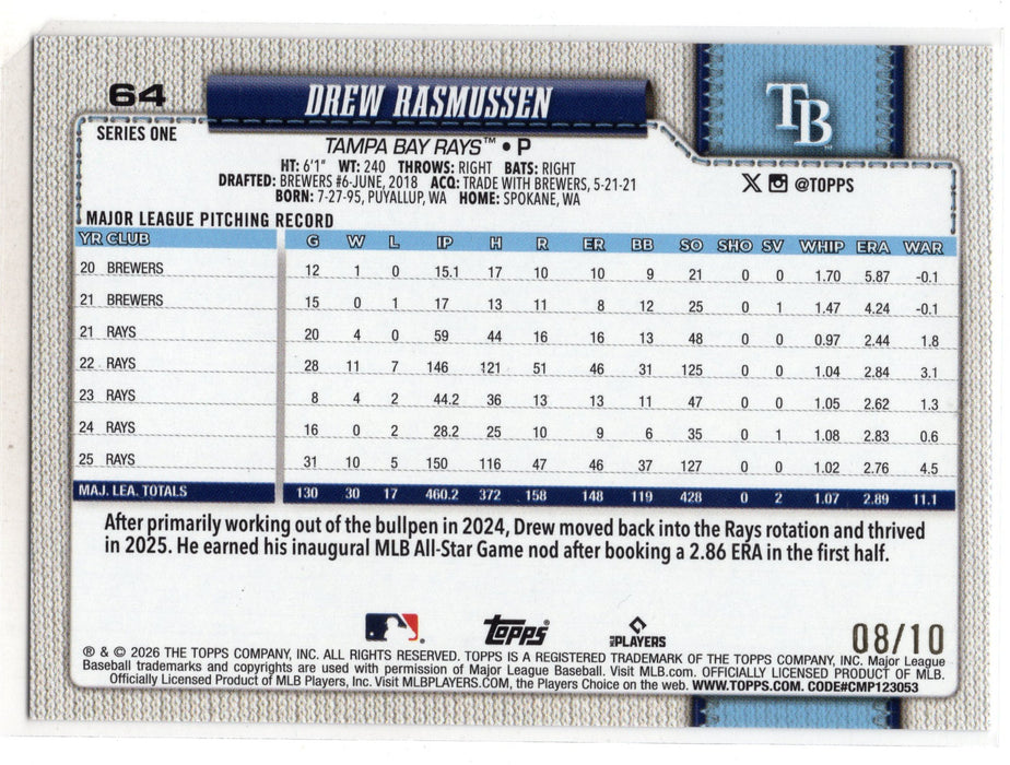 2026 Topps Series 1 Drew Rasmussen #64 Black Diamante /10 SSP