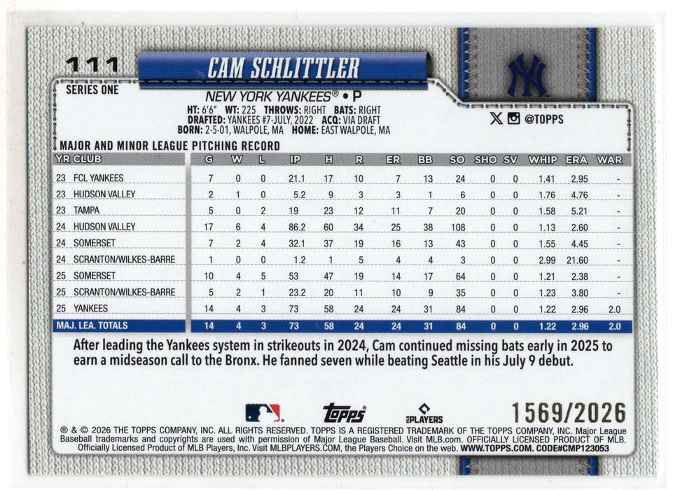2026 Topps Series 1 Cam Schlittler #111 Gold RC Rookie /2026