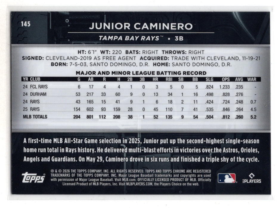 2026 Topps Chrome Black Junior Caminero #145 Gold Mini Diamond /50