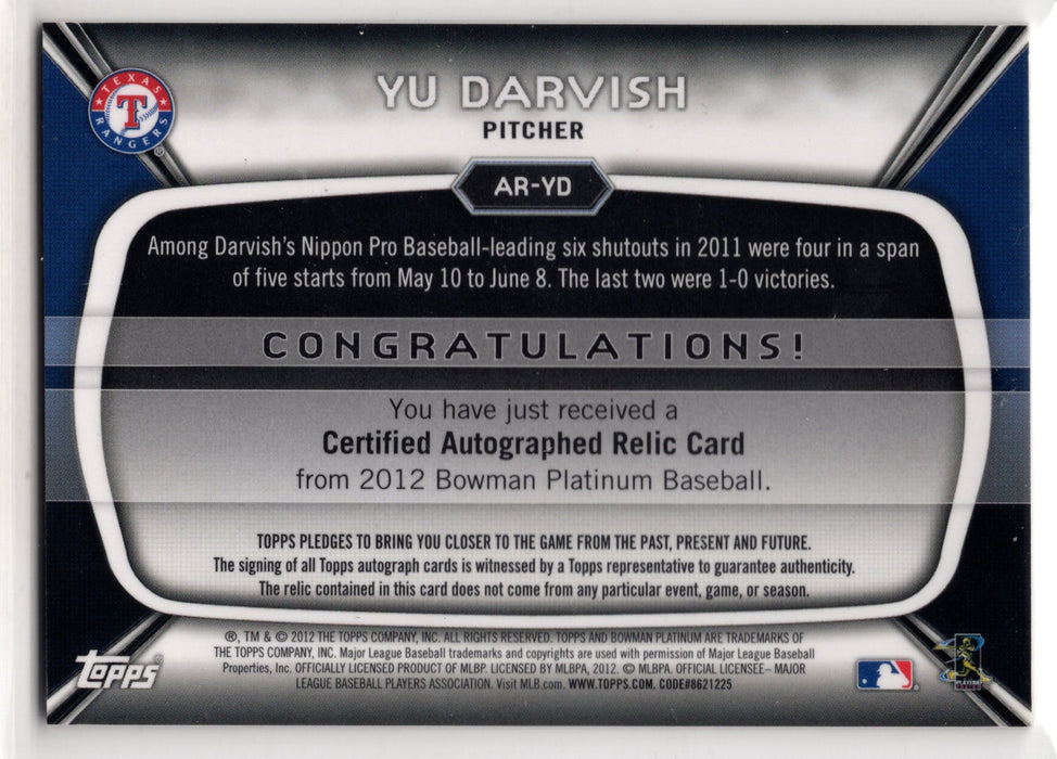 2012 Bowman Platinum Yu Darvish #AR-YD GU Game-Used Patch Auto