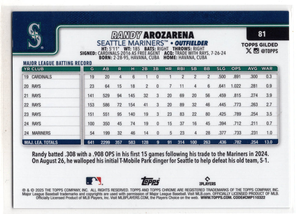 2025 Topps Chrome Gilded Randy Arozarena #81 Gold Lava Refractor /10