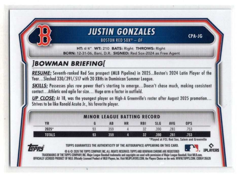 2026 Bowman Chrome Justin Gonzales #CPA-JG Auto