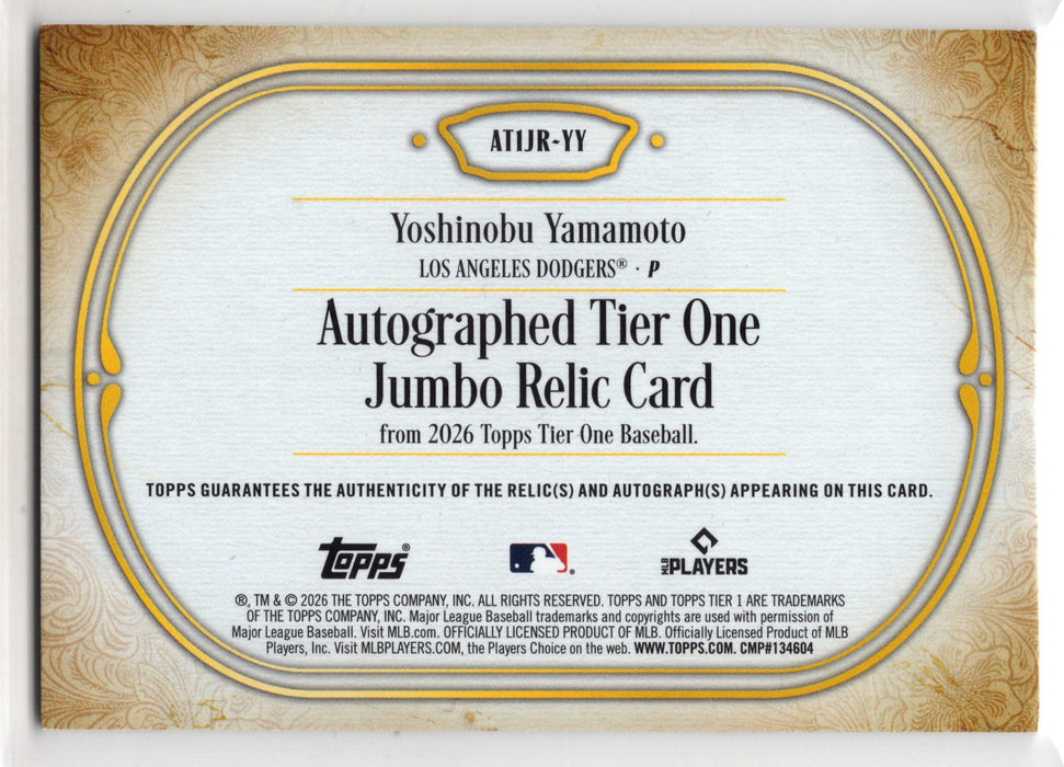 2026 Topps Tier One Yoshinobu Yamamoto #AT1JR-YY GU Jumbo Patch Auto /199