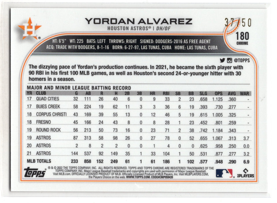 2022 Topps Chrome Yordan Alvarez #180 Gold Ray Wave /50