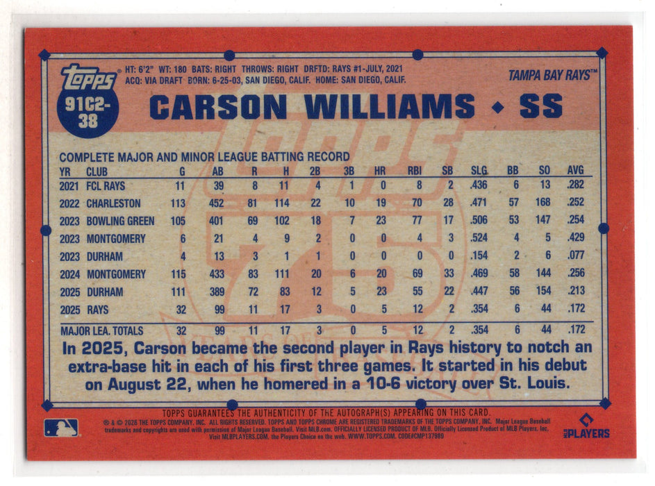 2026 Topps Series 2 Carson Williams #91C2-38 Silver Pack Mojo Refractor RC Rookie Auto /199