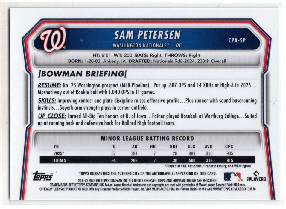 2026 Bowman Chrome Sam Petersen #CPA-SP Mojo Refractor RC Auto /150