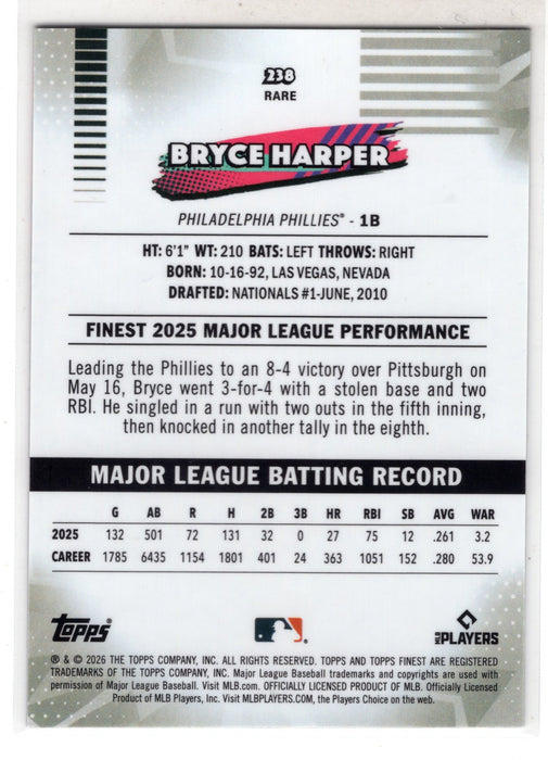 2026 Topps Finest Bryce Harper #238 Rare White X-Fractor /30 SSP