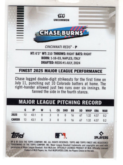 2026 Topps Finest Chase Burns #194 Black X-Fractor RC Rookie /10