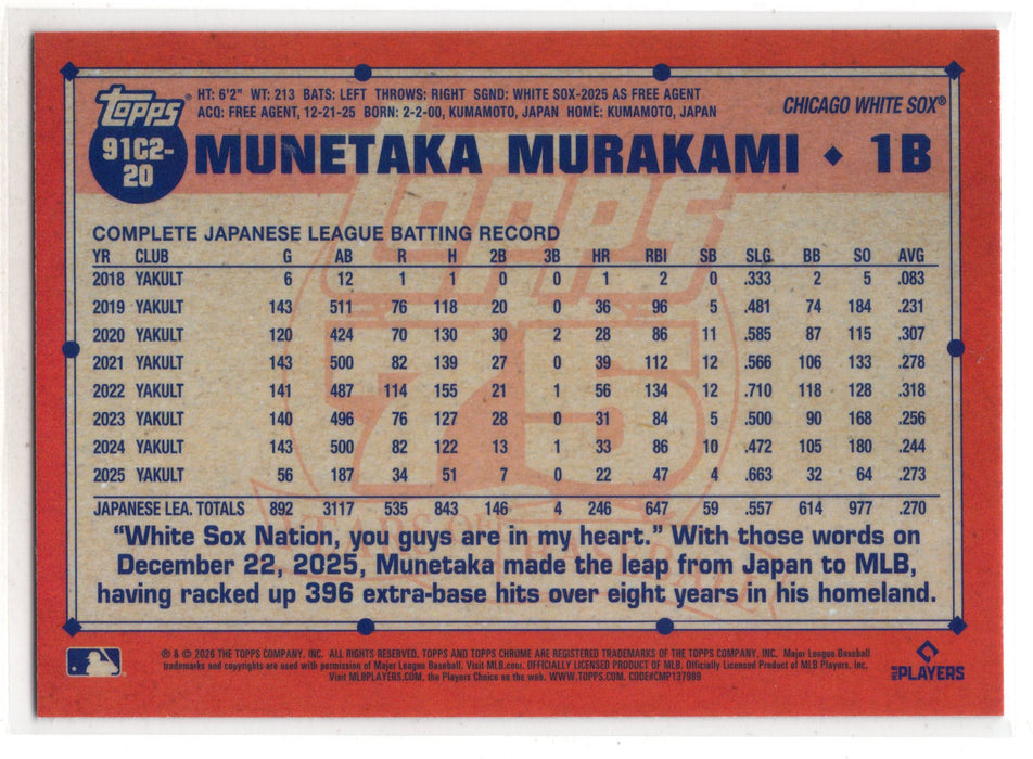 2026 Topps Chrome Munetaka Murakami #91C2-20 Chrome Silver Pack Mojo Refractor RC