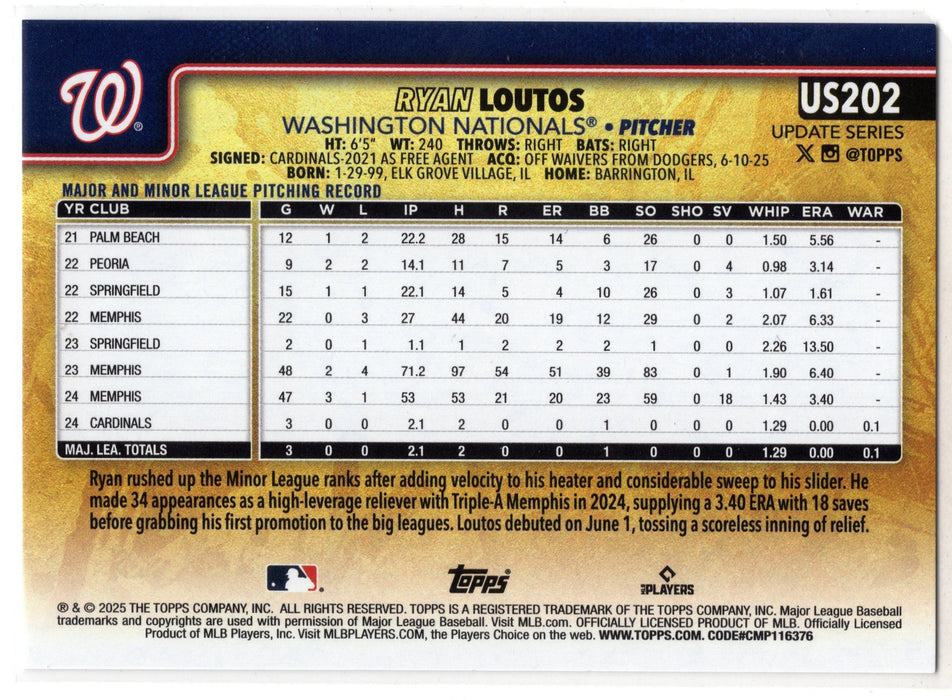 2025 Topps Update Series Ryan Loutos #US202 Golden Mirror RC Rookie SSP